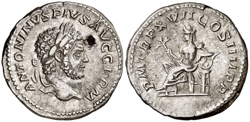 (214 d.C.). Caracalla. Denario. (Spink 6831) (S. 242) (RIC. 238A). 3,25 g. Oxida...