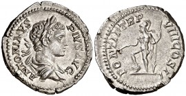 (205 d.C.). Caracalla. Denario. (Spink 6858) (S. 420a) (RIC. 80b). 3,53 g. EBC-.