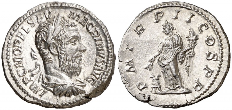 (218 d.C.). Macrino. Denario. (Spink 7340 var) (S. 47) (RIC. 26). 3,69 g. Bellís...