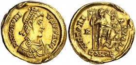 (408-423 d.C.). Honorio. Ravenna. Sólido. (Spink 20919) (Co. 44) (RIC. 1287). 4,42 g. Resto de soldadura en canto. (MBC+).