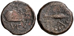Octavio Augusto. Iulia Traducta (Algeciras). Cuadrante. (FAB. 1624) (ACIP. 3350). 2,11 g. Rarísima. BC.