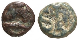 Ispali (Sevilla). Nummus. (Cru. grupo A, tipo 4, nº 48 y 52, mismo ejemplar). Lote de 2 monedas. Ex Áureo 16/12/2003, nº 3392. BC+.