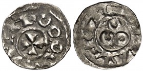 Comtat de Barcelona. Borrell II (947-991). Barcelona. Diner. (Falta en Cru.V.S. y Balaguer) (Cru.C.G. 1814). 0,60 g. Leyendas indescifrables. Muy rara...