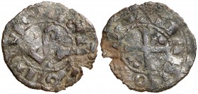 Comtat d'Urgell. Ermengol VIII (1184-1209). Agramunt. Diner. 1,09 g. Falsa de época en cobre. Ex Colección Crusafont 27/10/2011, nº 84. Rara. BC+.