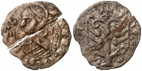 Alfons I (1162-1196). Aragón. Dinero jaqués. (Cru.V.S. 298) (Cru.C.G. 2106). 0,74 g. Moneda partida en dos trozos. Escasa. (BC+).