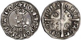 Pere III (1336-1387). Barcelona. Croat. (Cru.V.S. 402 var) (Cru.C.G. 2220 falta var). 3,17 g. Flores de seis pétalos en el vestido. Letras A y U latin...