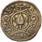 1746. Barcelona. Sant Sever. Pellofa. (Cru.L. 1301). 0,46 g. Latón. Valor: 4 sous. Escasa. MBC+.