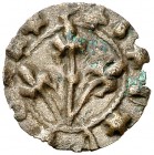 Lleida. Pugesa incusa. (Cru.L. 1756 var) (Cru.C.G. 3764 var). 0,33 g. Flor entre y L. Orla interior lineal. Cospel faltado. Oxidaciones. Muy rara. (MB...