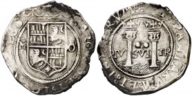 Juana y Carlos. México. 2 reales. (Cal. 120). 6,68 g. Escudo entre -O. Oxidaciones. MBC-.