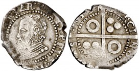 1597. Felipe II. Barcelona. 1 croat. (Cal. 607). 3,13 g. Cospel faltado. Rara. (MBC-).