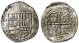 s/d. Felipe II. Granada. . 4 reales. (Cal. 296). 10,47 g. Dos palos en las armas de Aragón. Algo recortada. Escasa. (MBC/MBC+).