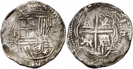 s/d. Felipe II. Potosí. A. 4 reales. (Cal. 346). 13,32 g. Leves oxidaciones y rayitas. Escasa. BC+.