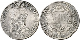1562. Felipe II. Nimega. 1/2 escudo. (Vti. 993) (Vanhoudt 267.NIJ). 16,50 g. Busto grande. Rara. MBC-/MBC.