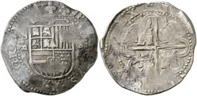 (15)91/0. Felipe II. Sevilla. H. 8 reales. (Cal. 245). 27,02 g. Escudo entre S//H y fecha en vertical. Leves oxidaciones. Ex Áureo 28/09/1993, nº 573....