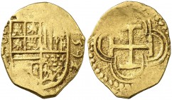 1592. Felipe II. Sevilla. B. 1 escudo. (Cal. falta) (Tauler falta). 3,34 g. Escudo entre S//B y fecha en vertical. No figuraba en la Colección Caballe...