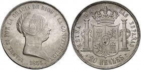 1855. Isabel II. Madrid. 20 reales. (Cal. 175). 25,88 g. Bella. Rara así. EBC/EBC+.