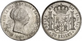 1855. Isabel II. Madrid. 20 reales. (Cal. 175). 25,92 g. Mínimas hojitas. Bella. Brillo original. Rara así. EBC/EBC+.