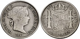 1857. Isabel II. Madrid. 20 reales. (Cal. 179). 25,63 g. BC+/MBC-.