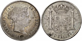 1857. Isabel II. Madrid. 20 reales. (Cal. 179). 25,79 g. MBC.