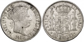 1860. Isabel II. Madrid. 20 reales. (Cal. 182). 25,79 g. MBC-/MBC.