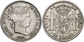 1861. Isabel II. Madrid. 20 reales. (Cal. 183). 25,52 g. BC+/MBC-.