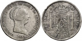 1855. Isabel II. Sevilla. 20 reales. (Cal. 193). 25,64 g. Rayitas y golpecitos. BC+/MBC-.