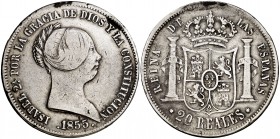 1855. Isabel II. Sevilla. 20 reales. (Cal. 193). 25,69 g. Escasa. BC+/MBC-.