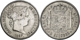 1867. Isabel II. Madrid. 20 reales. (Cal. 204). 25,89 g. Hojitas. BC+MBC-.