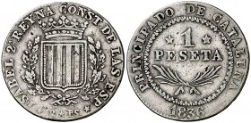 1836. Isabel II. Barcelona. PS. 1 peseta. (Cal. 256). 5,84 g. Canto espiga. Escasa. MBC-/MBC.