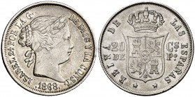 1868. Isabel II. Manila. 20 centavos. (Cal. 460). 5,04 g. MBC-.