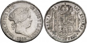 1868. Isabel II. Manila. 50 centavos. (Cal. 455). 12,88 g. Golpecitos. MBC-/MBC.