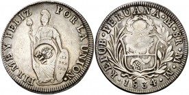 Isabel II. Manila. 1 peso. (Cal. 451). 26,60 g. Resello sobre 8 reales de Perú, Lima 1834 MM. MBC+.
