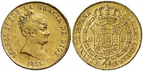 1835. Isabel II. Madrid. CR. 80 reales. (Cal. 68). 6,71 g. Golpecitos. Parte de brillo original. Escasa. (MBC+).
