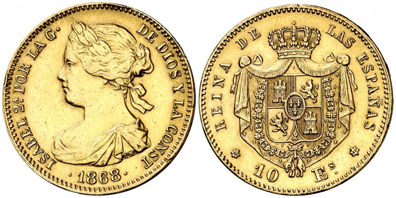 1868*1868. Isabel II. Madrid. 10 escudos. (Cal. 47). 8,39 g. Sirvió como joya. (...
