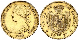 1868*1868. Isabel II. Madrid. 10 escudos. (Cal. 47). 8,39 g. Sirvió como joya. (MBC+).