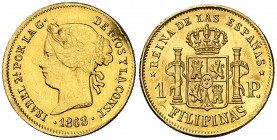 1868. Isabel II. Manila. 1 peso. (Cal. 150). 1,67 g. Golpecito en canto. MBC/MBC+.
