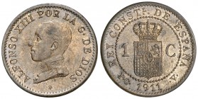 1911*1. Alfonso XIII. PCV. 1 céntimo. (Cal. 78). 0,96 g. Escasa. EBC+.