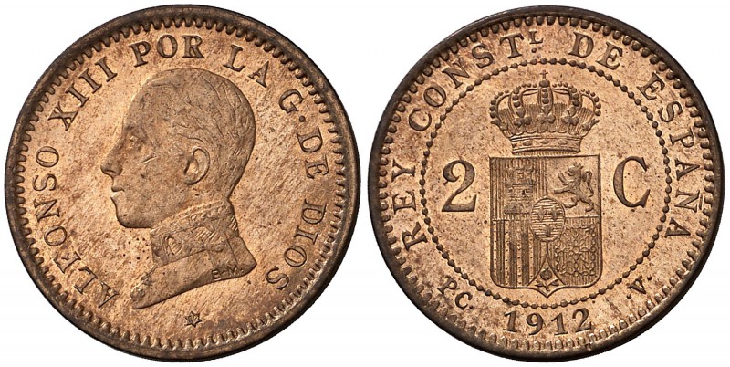 1912*12. Alfonso XIII. PCV. 2 céntimos. (Cal. 75). 1,99 g. Bella. S/C.