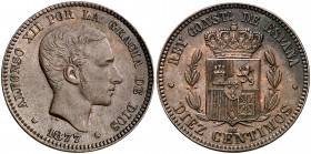 1877. Alfonso XII. Barcelona. OM. 10 céntimos. (Cal. 67). 10,10 g. MBC+.
