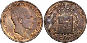 1878. Alfonso XII. Barcelona. OM. 10 céntimos. (Cal. 68). 9,52 g. Pátina. MBC+.