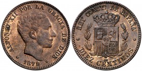 1879. Alfonso XII. Barcelona. OM. 10 céntimos. (Cal. 69). 10,12 g. Buen ejemplar. MBC+.