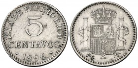1896. Alfonso XIII. Puerto Rico. PGV. 5 centavos. (Cal. 86). 1,29 g. MBC-.