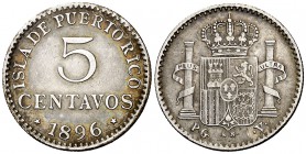 1896. Alfonso XIII. Puerto Rico. PGV. 5 centavos. (Cal. 86). 1,39 g. MBC.