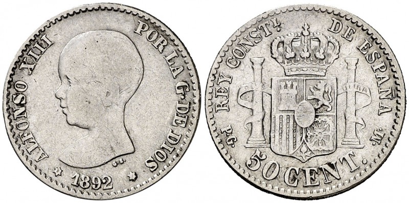 1892*92. Alfonso XIII. PGM. 50 céntimos. (Cal. 55). 2,46 g. BC+.