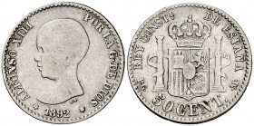 1892*92. Alfonso XIII. PGM. 50 céntimos. (Cal. 55). 2,46 g. BC+.