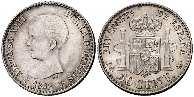 1892*92. Alfonso XIII. PGM. 50 céntimos. (Cal. 55). 2,50 g. Mínimas rayitas. Muy...