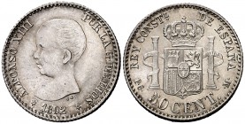 1892*92. Alfonso XIII. PGM. 50 céntimos. (Cal. 55). 2,50 g. Mínimas rayitas. Muy bella. Brillo original. S/C-.