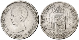 1892*22. Alfonso XIII. PGM. 50 céntimos. (Cal. 56). 2,46 g. Escasa. MBC.