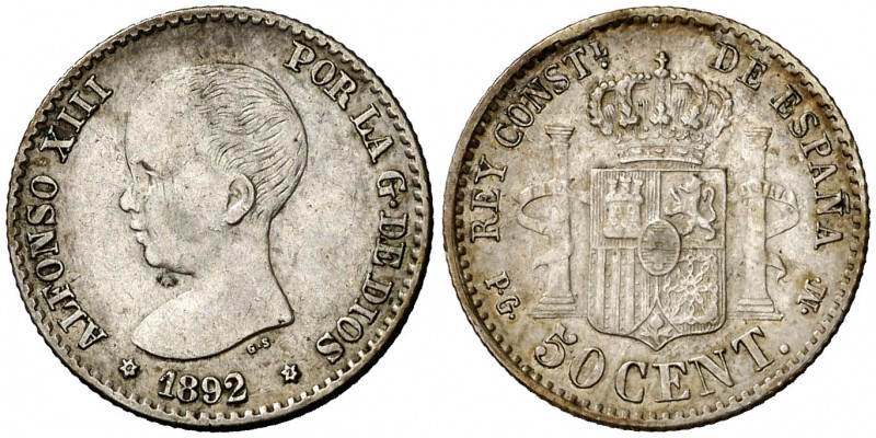 1892*62. Alfonso XIII. PGM. 50 céntimos. (Cal. falta). 2,48 g. Escasa. MBC+.
