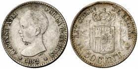 1892*62. Alfonso XIII. PGM. 50 céntimos. (Cal. falta). 2,48 g. Escasa. MBC+.